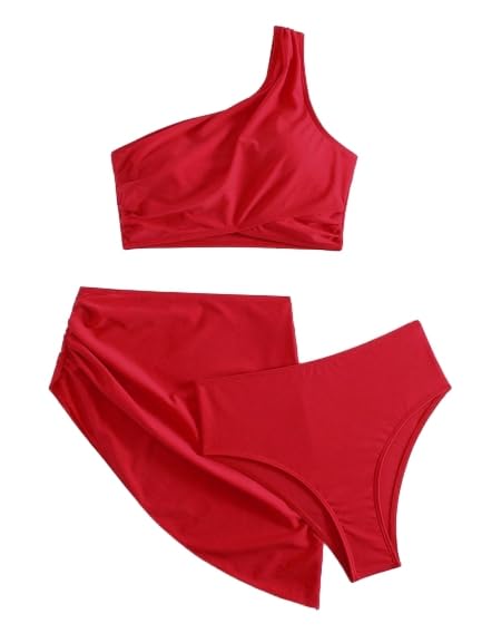 3 Piece Bikini Sets for Women One Shoulder Swimsuits Tummy Control High Waisted with Cover Up Skirt