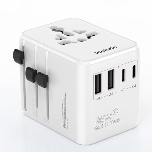 Hichain Adaptateur prise universelle 35 W GAN Voyage à charge rapide 2 ports USB-A 2 ports USB-C Plug Adaptateur de voyage international mural tout-en-un pour USA EU UK AUS