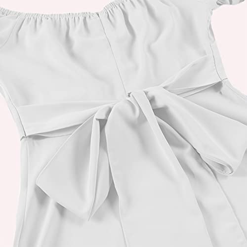 Lyaner Women's Off Shoulder Wrap Ruffle Puff Short Sleeve Ruched Tie Back Dress White Small #TOP3