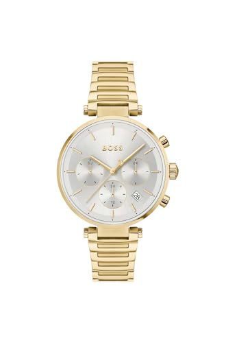Image of BOSS Majesty Sport Qtz Multifunction Silver White Round Dial Women's Watch|Ionic Plated Thin Gold Steel Material|Gold Color Band - 1502775