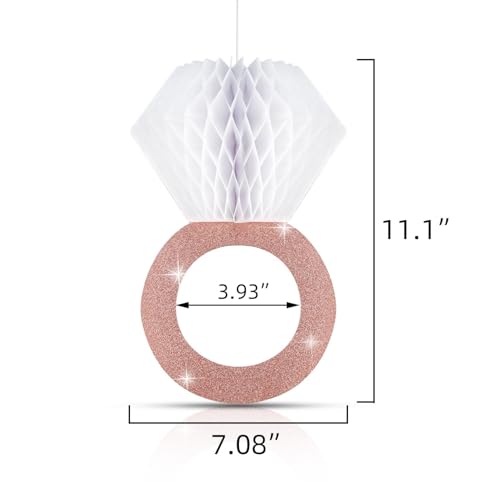 Image of 3 Pieces Honeycomb Diamond Ring Hanging Decorations for Wedding Party Bridal Shower Engagement - Glitter Gold Paper Balls Supplies for Engaged Decor (Rose Gold)