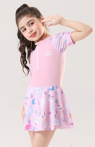 Image of Girls Swimsuit Girls One Piece Skirted Swimsuit Short Sleeve Floral Rash Guard Bathing Suit Swim Dress Swimwear