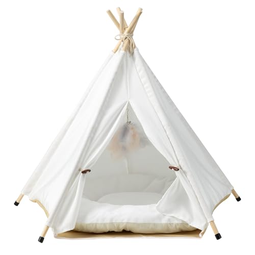 The Cat Ladies Cat Teepee - White Small Dog Tent Bed with a Soft Inner Cushion - Indoor Pet Teepee with Wooden Poles for Cats Dogs Rabbit and Bunny - with Feather Toys