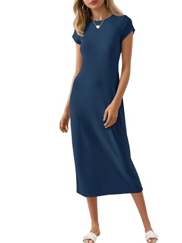 Wenrine Women's Short Sleeve T-Shirt Dress Summer Crew Neck Basic Solid Casual Long Midi Dresses Navy
