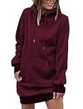 Minetom Damen Hoodie Kleid Oversize Pullover Mit Kapuze Sweatshirtkleid Lang Maxi Winter Herbst Mini Kleider Langarm Lange Kapuzenpulli Kordelzug Jumper B Weinrot L