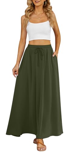 Yincro Women's Flowy Maxi Skirt Summer Pleated High Waisted Casual Long Skirts with Pockets, Army Green, XXL
