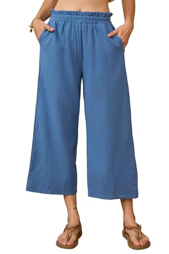 BATHRINS Leinenhose Damen 7/8 Weites Bein Sommerhose Damen Leicht Elegant Leinen Stoffhose Hohe Taille Freizeithose Caus...
