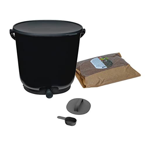 Skaza Bokashi Essential Composteur de Cuisine 15,3 L – Bokashi Composteur Anti-Odeurs Plastique avec Robinet – Kit de Démarrage + 1 kg de Ferment, Noir