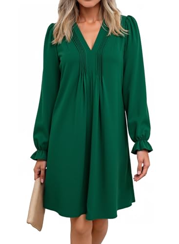 Image of Dokotoo Womens Casual Dress A-Line Ruffle Sleeve V Neck Midi Dress 2025 Fashion Pleated Flowy Sundress Loose Shirt Dresses