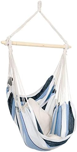 AMAZONAS Hängesessel wetterfest UV-beständig Havanna Marine mit Querstab aus FSC Buchenholz 110 cm bis 150 kg blaugestreift
