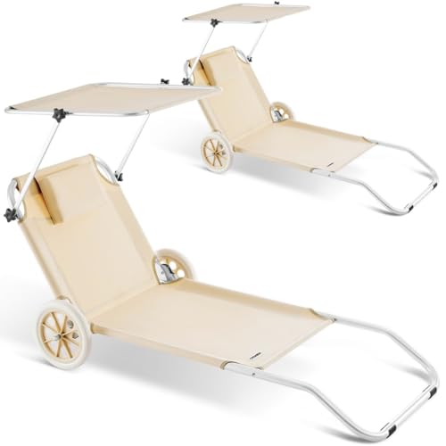 CASARIA® 2X Tumbonas Plegables con 2 Ruedas Parasol Silla Playa Portátil