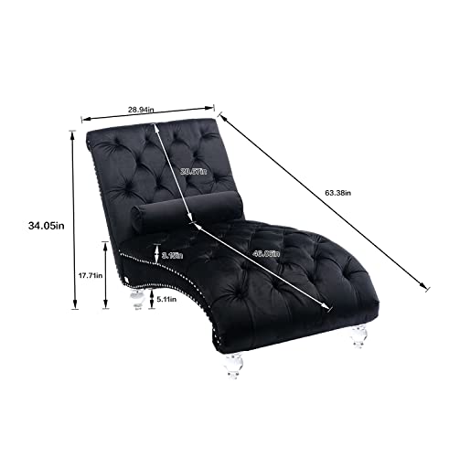 Kinffict Velvet Chaise Lounge Chair With Toss Pillow, Modern Tufted Button Lounge Chair With Acrylic Legs, Upholstered Indoor Sleeper Chair For Living Room, Bedroom, Black #TOP1