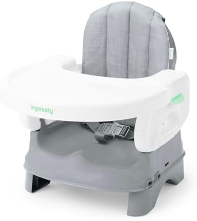 Ingenuity Deluxe Comfort Booster Seat for Kitchen Chair, Compact Fold, Portable, Lightweight, Toddler Booster Seat for Dining Table, from 6 Months to 3 Years – Grey