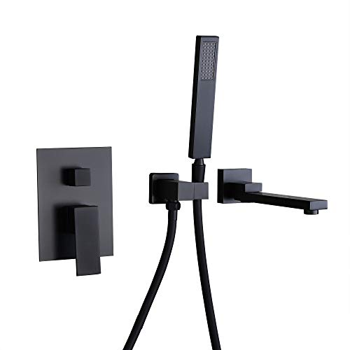KunMai Waterfall Wall Mounted Bathtub Faucet with Hand Shower Swivel Tub Filler Faucet Single Handle Solid Brass (Matte Black)