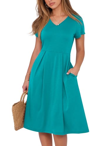 Image of ANRABESS Women Summer Dress Casual Short Sleeve V Neck A-Line Knee Length Pleated Flowy 2026 Fashion Midi Dresses with Pocket