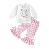 Hibabying Baby Girl Easter Outfit Long Sleeve Bunny Sweatshirt and Bell Bottoms Toddler Clothes for Girls 0-3 Years Old (White Bunny, 6-12 Months)