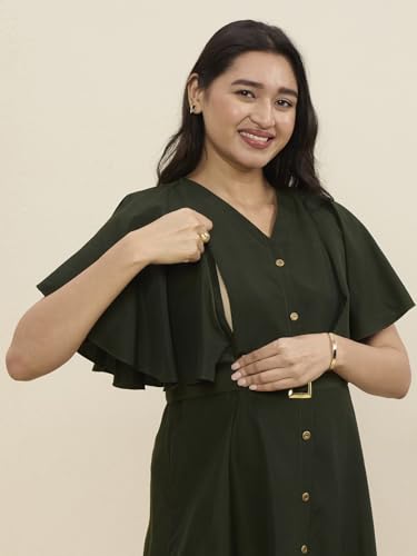 Image of MomToBe Women's Cotton Maternity Dress | Nursing Feeding Dress with Concealed 14-Inch Side Zippers | Office Wear for Pregnancy & Postpartum