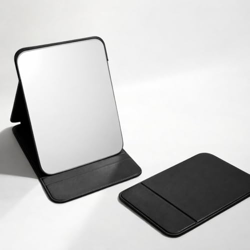 Image of Foldable Makeup Mirror with Stand 16x11 cm | Portable PU Leather Vanity Mirror | HD Frameless Table Mirror | Adjustable Angle Travel Mirror for Dressing Table, Bathroom & Office Use (Black)