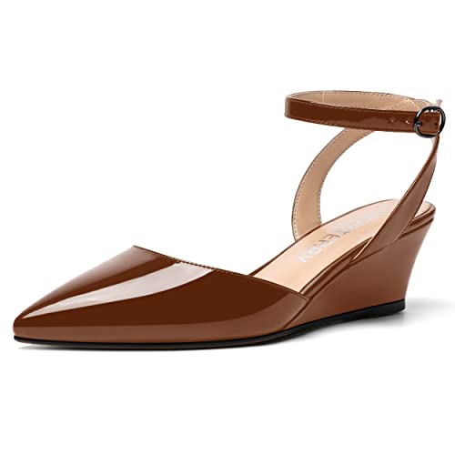 SKYSTERRY Women's Patent Slingback Pointed Toe Ankle Strap Dress Buckle Wedding Wedge Low Heel Pumps Shoes 2 Inch