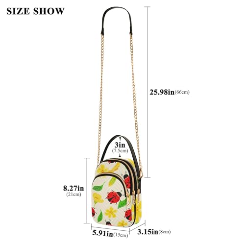 Womens Shoulder Handbag Cute Cartoon Ladybugs Floral Quilted Chain Strap Phone Wallet Handbag Cute Zipper Lady Crossbody Bag, 5.9" × 8.3" × 3.1"3