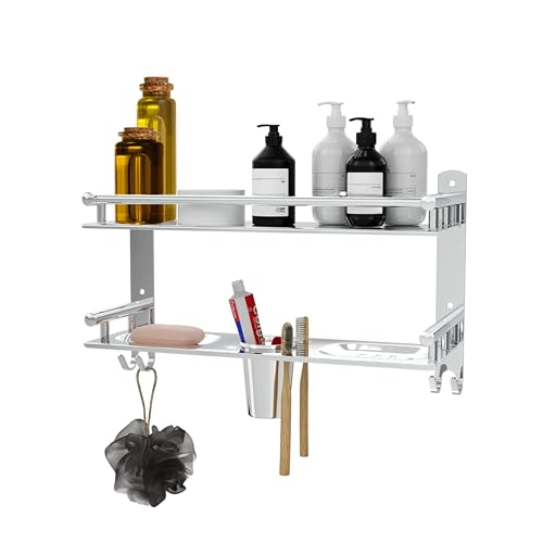 Image of Bathroom Organizer Without Drill - Corner, Shelves, Rack, Shelf, Storage, Wall, Racks and Adhesive, Mounted, self Holder, soap, Stand Bathroom Accessories (Double Layer(5 in 1))
