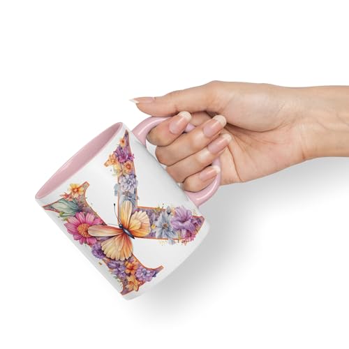 Vixar Letter K Mug, Floral Flowers Butterfly Alphabet Letter K Monogram Watercolour Ceramic Coloured Mug Cup for Tea Coffee Hot Brew 330ml 11Oz Gift (Pink) - Image 3