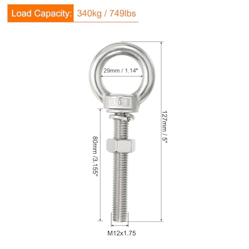 Image of uxcell M12x80 1 /2 inchx3.15 inch Stainless Steel Eye Bolts Threaded Screw Eyebolt Shoulder Ring with Nuts Washers for Lifting Hanging, 2 Set