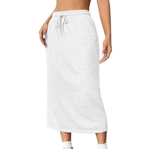 Womens Skirts Fashion Elastic Waist Long Maxi Skirt with Slit Casual A Line Solid Lightweight Dress with Pocket