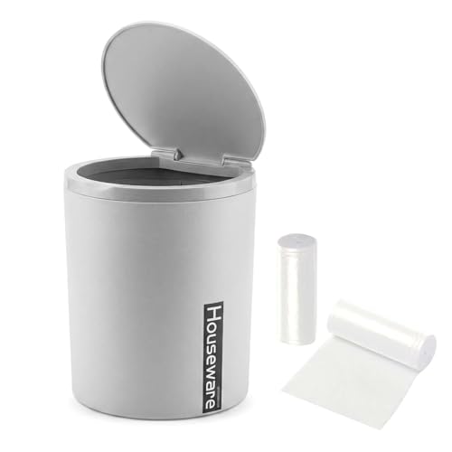 Nivofu Mini Poubelle de Table avec Couvercle Basculant et 60 Sacs Poubelle, Petite Poubelle Ronde Gris Clair pour Bureau, Voiture, Salle de Bain, Cuisine...