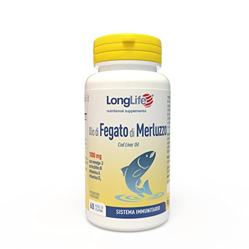 LongLife Olio di Fegato di Merluzzo 1000mg | ricco di vitamina A, D, Omega 3 | 60 Perle | Crescita e Sviluppo | Sistema Immunitario | Doping Free