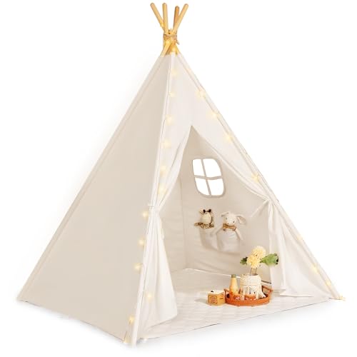 Sumbababy Teepee Tent for Kids Tipi Tent Indoor - 100% Cotton Kid Tents for Inside with Light & Flag- Foldable Toddler Play Tents for Girls & Boys Slumber Party - Washable Boho Play House Gift Toys