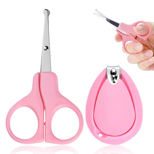 WUSJCOF 2 Piezas Cuidado de Bebé, Tijera de Acero Inoxidable para Bebés con Bordes Redondeados, Funda Protectora, Mango de Goma Antideslizante, Kit de Corta Uñas para Bebe, Tijera Infantil