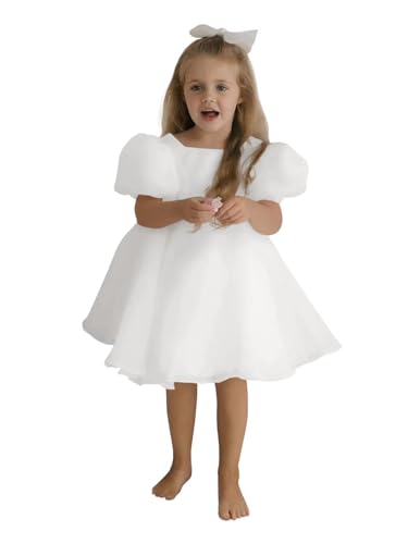 Tulle Flower Girl Dress for Wedding Kids Puff Sleeves Satin Short Princess Pageant Dress Bowknot Prom Ball Gowns