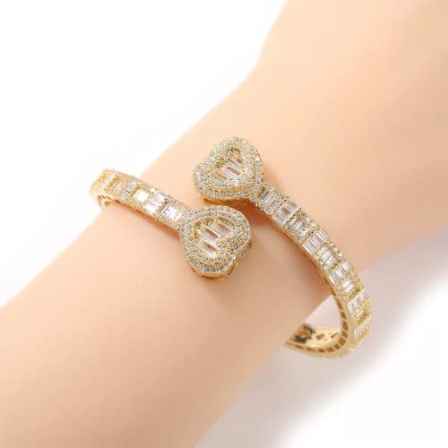 Lulu Mel Cz Iced Out Diamond Bracelet Bangle 7Inch 8Inch Bling Baguette Gold Bracelet Women Jewelry Rose Gold Heart Bracelet (White Gold, 7.0) #TOP4