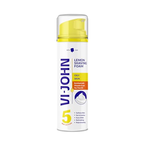 Image of VI- JOHN Shaving Foam For Men, Lemon Shaving Foam With Goodness of Nature, Tea Tree Oil, Vitamin E Enriched and Anti- Bacterial Formula (200gm- Pack of 1)