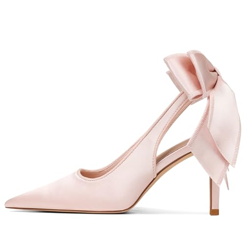 Mattiventon Slingback Heels for Women Pointed Closed Toe Stiletto Heels with Bow Tie Wedding Shoes for Bride Satin Prom Party Dress Pumps