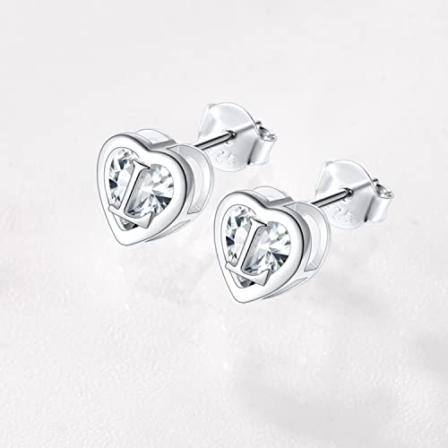 Silvercute Initial L Earrings For Teens, 925 Sterling Silver Dainty A-Z Studs Cubic Zirconia Heart Earrings Women Ear Jewelry #TOP1