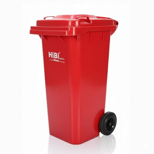 Image of HiBi AW 120 Litre Dustbin - Large Outdoor Waste Bin | Heavy Duty Garbage Container with Wheels | Durable Plastic Trash Can for Home, Office, Hospitals, Public Areas (Red)