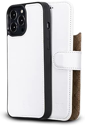 BOULETTA Case for iPhone 13 Pro Max – Genuine Leather Wallet Folio Cases Magnetic Detachable RFID Blocking Magsafe Flip Stand Phone Cover with 3 Card Slots and Kickstand 6.7’’ White