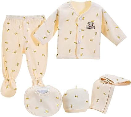 FATASH5 PCs Newborn Baby Clothes Soft Cotton Outfit Gift Set (0-3 Months) for Boys & Girls, 1 Full Sleeve Top, 2 Pants, 1 Hat, 1 Bib Unisex Infant Night Playsuit