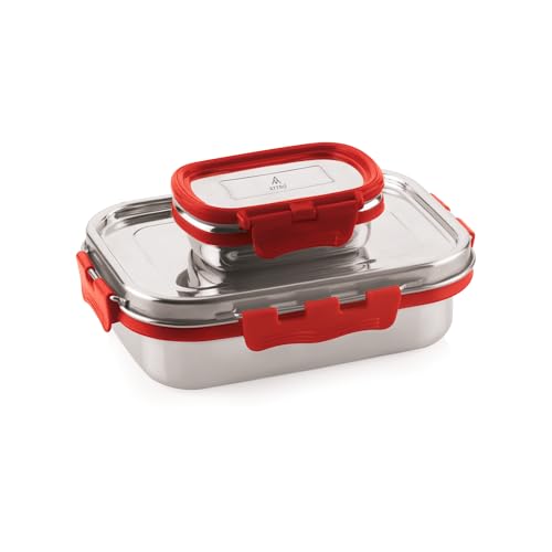 ATTRO Shine Medium Stainless Steel Lunch Box 2-Piece Set – 800ml + 150ml – Leak-Proof, BPA-Free, Compact & Durable – Ideal for Kids, Office, Travel – Red