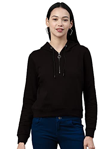 Image of Maniac Women's Solid Round Neck Full Sleeve Black Zip Cotton Sweatshirt