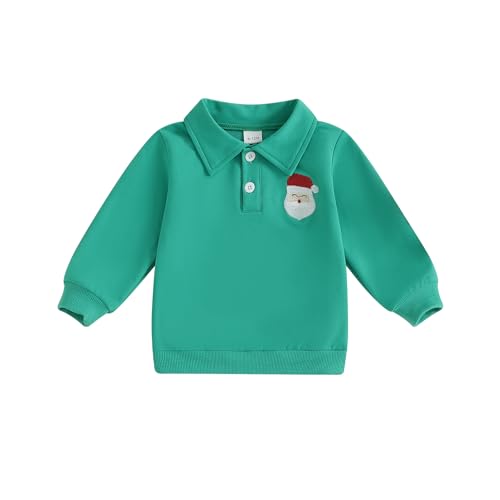 Amnnchya Toddler Baby Boy Girl Christmas Sweatshirt Santa Claus Embroidery Long Sleeve Button Shirt Fall Winter Outfit (Green, 6-12 Months)