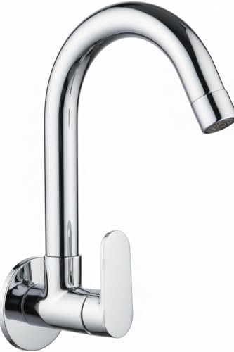Image of Premium Wall Mounted Kitchen Sink Tap with Water Saving Aerator, Brass Body, Chrome Finish Swan Neck Faucet, Single Lever Water Tap, Rust & Corrosion Resistant for Kitchen Sink, Wash Basin