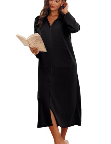 Image of Ekouaer Women Zipper Robe Long Sleeves House Coat Soft Bathrobe Sleepwear with Pockets Housecoat Loungewear