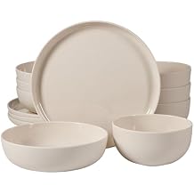 Gibson Home Candy Skies 12 Piece Unbreakable Wheat Straw Melamine Plates and Bowls Dinnerware Set - Outdoor, Camping, Everyday Use - Matte Exterior/Shiny Interior Taupe Cream