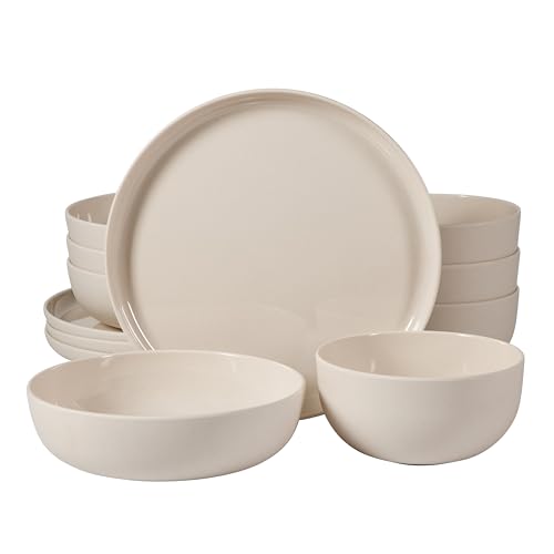 Gibson Home Candy Skies 12 Piece Unbreakable Wheat Straw Melamine Plates and Bowls Dinnerware Set - Outdoor, Camping, & Everyday Use - Matte Exterior/Shiny Interior Taupe Cream by Gibson Home - Used condition - US$28.43