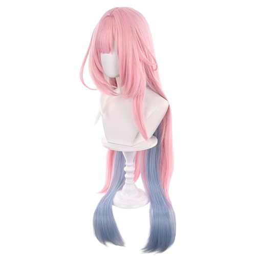 Image of Demiurge Pink Blue Gradient Wigs Women Long Straight Wig with Bangs Layered Haircut Adult Beauty Female Cosplay wig Game Halloween,Christmas,Comic con,Game Show,Party