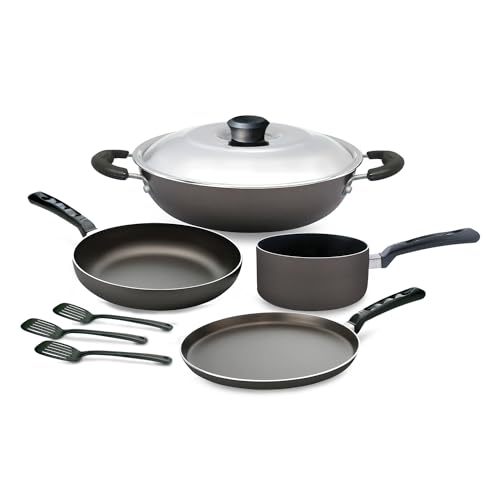 Nirlep Sakhi 8 Pieces Cookware Set| Non Stick Tawa, Non Stick Kadhai With Lid, Non Stick Fry Pan, Sauncepan With 3 Spatulas|Induction Base Cookware| 5-Layer Pfoa Free Coating | Gift Set