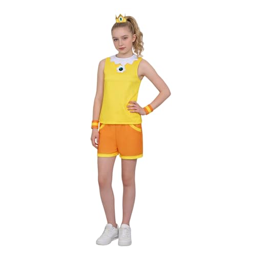 SAVITO Princesses Peach, Daisy and Rosalina Princess Cosplay Costume, Adult Sports Skirt Sets, Anime-Themed Princess Dress Set for Woman, Princess Daisy Dress Set (Medium)